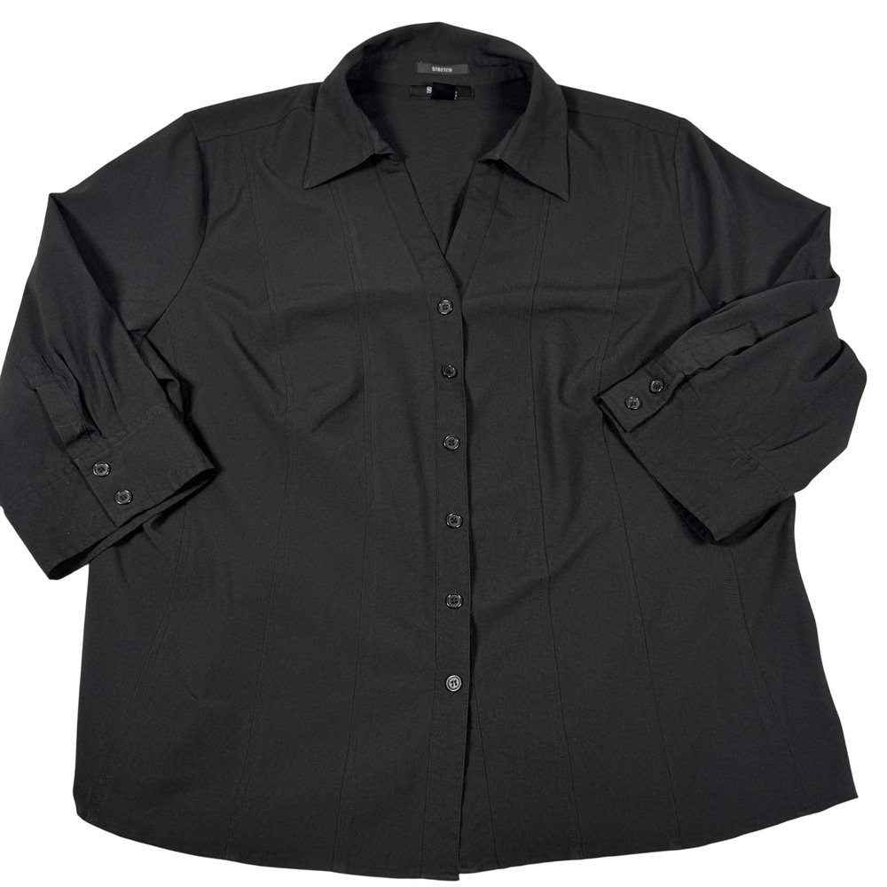 Whimsygoth Blouse‎ 18W Black Stretch Button Front 3/4 Sleeve Minimalist Workwear